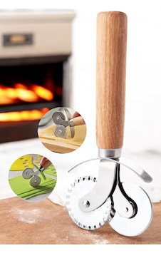 Mucit Home Ahşap Saplı Pizza Hamur Ruleti 2 İn 1 Pizza Hamur Pide Kesme Çift Taraflı Kesici Krom