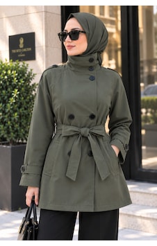 Sevitli Dik Yaka Kemerli Trençkot-haki-5955 Sevitli Dik Yaka Kemerli Trençkot-haki-5955