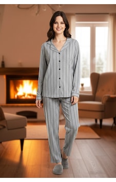 Remsa Kadın Çizgili Önü Düğmeli Suprem Pijama Takımı 0542 Füme01 Füme01