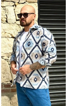 Serseri Jeans Erkek Etnik Desen Gömlek Mavi