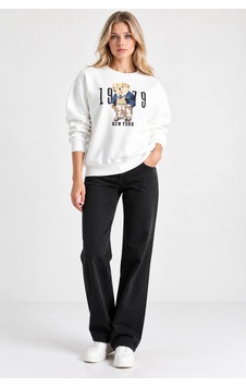 Mevese Kadın Beyaz Teddy Nakışlı Bisiklet Yaka Sweatshirt - Peluş Kabartma Nakış Detaylı Rahat Kesim Sweat- Mevese Kadın Beyaz Teddy Nakışlı Bisiklet Yaka Sweatshirt - Peluş Kabartma Nakış Detaylı Rahat Kesim Sweat-