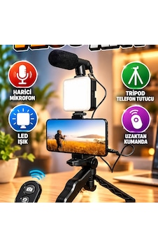 Tripod Telefon Tutucu Kumandalı Mikrofonlu Led Işıklı Mini Vlog Video Kayıt Kiti Tripod Telefon Tutucu Kumandalı Mikrofonlu Led Işıklı Mini Vlog Video Kayıt Kiti