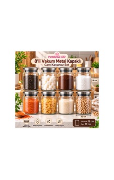 8 Li Metal Vakum Kapaklı Cam 800 Cc Çay Şeker Kahve Tuz Bakliyat Erzak Saklama Kavanoz Seti Baharatlık Takımı Gri Gri