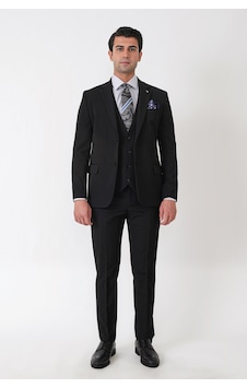 Efor Slim Fit Çift Yırtmaç Esnek Yünlü Siyah Yelekli Takım Elbise Tk 958