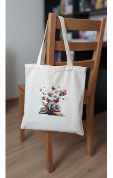 Nova Design Kitap Ve Kelebekler Baskılı Bez Torba Çanta Krem Nova Design Kitap Ve Kelebekler Baskılı Bez Torba Çanta Krem