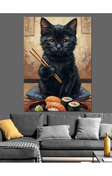 Çubukla Sushi Yiyen Kara Kedi Dekoratif Kanvas - Mdf Ahşap Tablo