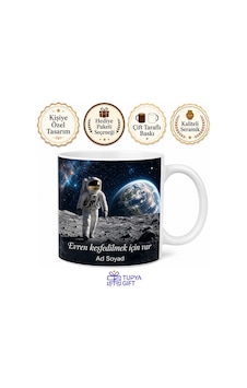 Astronot Uzay Yürüyüşü Ay Yüzeyi Sonsuz Evren Keşfi Baskılı Porselen Kupa Bardak Hediye Beyaz / Çok Renkli