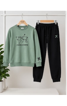 Mila Mood Erkek Çocuk Dünya Haritası Baskılı Sweatshirt Siyah Jogger Pantolon 2 Li Takım Haki