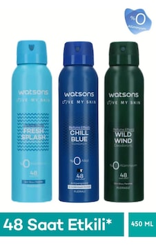 Watsons 3 Lü Erkek Deodorant Seti Chill Blue Pudralı+wild Wind+fresh Splash Pudrasız 150ml Watsons 3 Lü Erkek Deodorant Seti Chill Blue Pudralı+wild Wind+fresh Splash Pudrasız 150ml