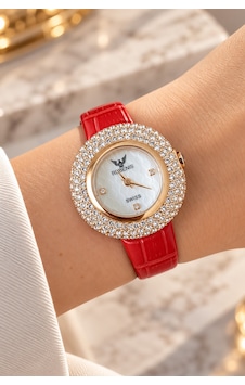 Rubenis Swiss Kadın Kol Saati Pembe Altın Renk Çelik 33mm Kristal Taşlı Kırmızı Gerçek Deri Kayışlı Sedef Kadranlı Rubenis Swiss Kadın Kol Saati Pembe Altın Renk Çelik 33mm Kristal Taşlı Kırmızı Gerçek Deri Kayışlı Sedef Kadranlı