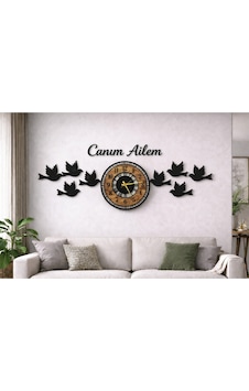 Modern Duvar Saati 40 Cm Kuş Temalı Canım Ailem Yazılı No20013 Çok Renkli