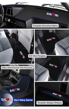 Tofaş Şahin Doğan Kartal 5 Parça Oto Halı Paspas + Torpido & Konsol Koruma Seti Mavi Kenar Nakışlı