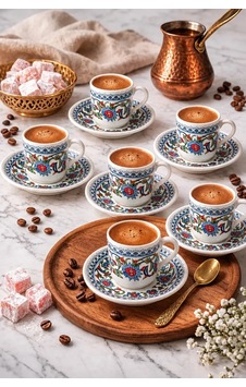 Topkapı 6 Lı Porselen Türk Kahve Fincan Takımı 12 Parça 5x5 Cm Hediyelik Set Mavi