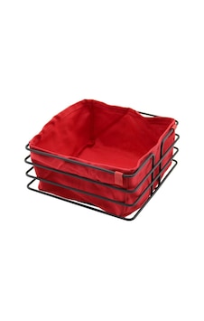 Kare Siyah Metal Kırmızı Bezli Ekmek Sepeti 20x21cm Derinlik 10.5cm