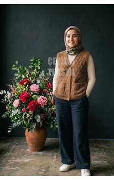 Ulupazarlama Yumoş Ponpon Düğmeli Yelek - Koyu Kahve Çok Renkli Ulupazarlama Yumoş Ponpon Düğmeli Yelek - Koyu Kahve Çok Renkli