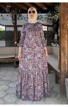 Rabia Şamlı Rengin Şal Desenli Gömlek Elbise Pembe Normal Rabia Şamlı Rengin Şal Desenli Gömlek Elbise Pembe Normal
