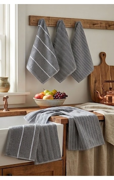 %100 Pamuklu 6 Lı Mutfak Havlu Seti 30x45 Cm Luna Naturel Antrasit Gri
