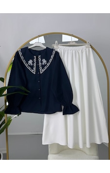 Lovie Moda Nakışlı Bebe Yaka Etekli Takım Siyah Lovie Moda Nakışlı Bebe Yaka Etekli Takım Siyah