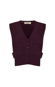 Qoolest V Yaka Düğmeli Cepli Triko Yelek Bordo