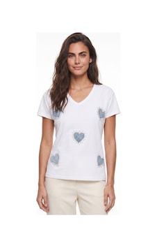 Onloox Kadın Beyaz Beyaz Pamuklu Esnek Kumaş V Yaka Kısa Kollu Kot Kalp Ve Taş Detaylı Örme T-shirt Onloox Kadın Beyaz Beyaz Pamuklu Esnek Kumaş V Yaka Kısa Kollu Kot Kalp Ve Taş Detaylı Örme T-shirt