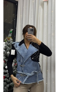 Daves Taş Detaylı Belden Bağlamalı Kolsuz Denim Kumaş Kot Yelek Siyah-mavi Kot Çok Renkli