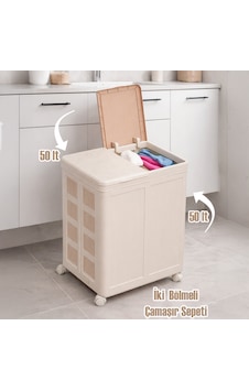 Porsima 2128-01 Tekerlekli Katlanabilir İki Bölmeli Çamaşır Sepeti - Çift Bölmeli Kirli Sepeti Krem 100lt Porsima 2128-01 Tekerlekli Katlanabilir İki Bölmeli Çamaşır Sepeti - Çift Bölmeli Kirli Sepeti Krem 100lt