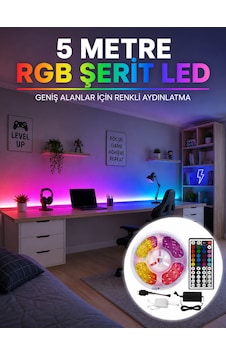 Rgb Şerit Led 5 Metre 5050 Smd Kumandalı Çok Renkli Ev Oda Tv Arkası Dekoratif Aydınlatma