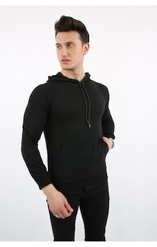 Modish İki İplik Kapşonlu Kanguru Cepli Erkek Günlük Sweatshirt Siyah