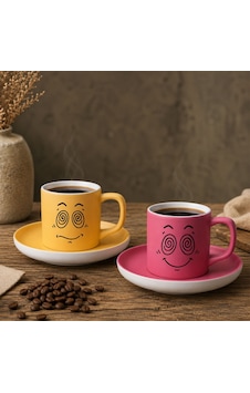 Bk Gift 2'li Sarı Ve Pembe Renkli Emoji Yüz Tasarımlı Seramik Türk Kahvesi Fincanı Takımı-1 Çok Renkli Bk Gift 2'li Sarı Ve Pembe Renkli Emoji Yüz Tasarımlı Seramik Türk Kahvesi Fincanı Takımı-1 Çok Renkli