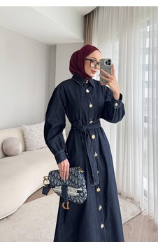 Meecy Gold Düğmeli Denim Tesettür Elbise Lacivert Lacivert