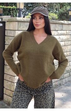 Kechi Woman V Yaka Oversize Triko Kazak Yeşil