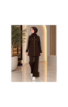 Krem Kadın Spor Şeritli Fermuarlı Tunik Pantolon İkili Takım Kahverengi - 943185560 Kahverengi