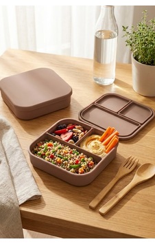 3 Bölmeli Silikon Saklama Kabı Kapaklı, Sızdırmaz, Lunch Box & Öğün Kabı Toprak Renk Toprak
