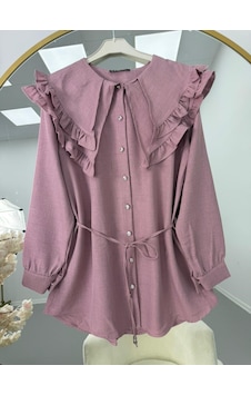 Lovie Moda Fırfır Yaka Bağcıklı Tunik Pembe