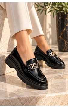 Modafocus Altın Tokalı Rugan Ortopedik Loafer - Siyah Siyah