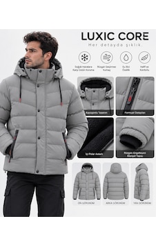 Luxic Core Luxıc Core Erkek Kapüşonlu Şişme Mont İçi Polarlı Kalın Kışlık Su İtici Günlük Mont Gri
