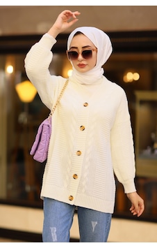 Oversize Kadın Tesettür Triko Hırka Ekru Oversize Kadın Tesettür Triko Hırka Ekru