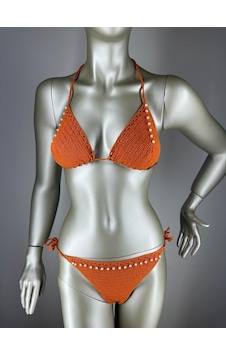 İvita İnci Detaylı Çok Tarz El Yapımı Tığ Örgüsü Bikini Kiremit