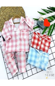 Yenisinial 9-12-18-24 Ay Düğme Kapamalı Ekose Desenli 2li Kız Erkek Bebek Pijama Takımı Pembe Pembe