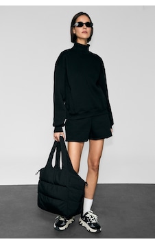 Urban Beat Xenya Kadın Polarlı Yumuşak Balıkçı Yakalı Baskı Detaylı Cepli Regular Siyah Sweatshirt Siyah