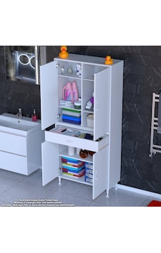 Modilayn Yeni Afra 80 X 173 X 32,5 Cm 1 Çekmece 4 Kapak 5 Raf 8 Bölme Çok Amaçlı Banyo & Mutfak Dolabı Beyaz