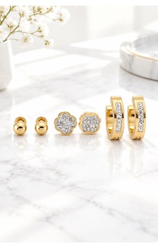 Paslanmaz Çelik Kararmaz 3 Çift Gold Küpe Seti - Yonca Topçuk Ve Taşlı Halka Küpe Paslanmaz Çelik Kararmaz 3 Çift Gold Küpe Seti - Yonca Topçuk Ve Taşlı Halka Küpe