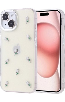 Apple Uyumlu iPhone 15 Telefon Kılıfı Şeffaf Simli Tasarım Kapak Fiyonk, Kiraz, Yıldız, Lale Desenli