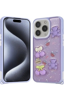 Apple Uyumlu iPhone 15 Pro Kılıf Parlayan Simli Kabartma Figürlü Zore Cevze Kapak Mor Ayı