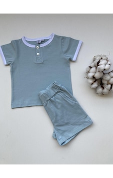 Key Kıds Soft Mavi Düğmeli Tshirt Şortlu Takım %100 Pamuk Tşört Çok Renkli