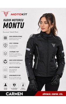 Motokit Crazybull Carmen Siyah Kadın 4 Mevsim 3 Katmanlı Korumalı Reflektörlü Motosiklet Montu