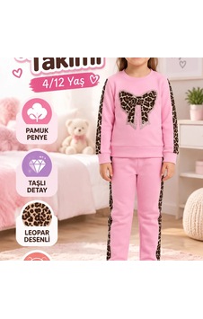 Candar Taşlı Leopar Desenli Pamuk Penye Çocuk Takımı 4/12 Yaş Pembe Candar Taşlı Leopar Desenli Pamuk Penye Çocuk Takımı 4/12 Yaş Pembe