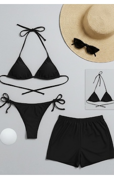 Intive Lingerie Kadın 3'lü Set Siyah Şortlu Ve Yandan Bağlamalı Bikini Mayo Takım Intive Lingerie Kadın 3'lü Set Siyah Şortlu Ve Yandan Bağlamalı Bikini Mayo Takım