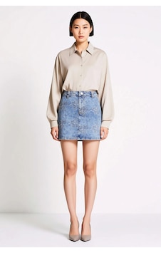 Benerly Kadın Mini Denim Etek %100 Pamuk Desenli Rigid Dokuma Yüksek Bel Mavi