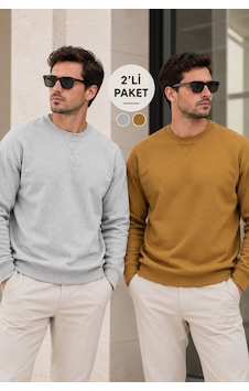 Polo State Erkek 2 Li Paket Bisiklet Yaka Basic Günlük Sweatshirt - Gri Melanj & Kahve Polo State Erkek 2 Li Paket Bisiklet Yaka Basic Günlük Sweatshirt - Gri Melanj & Kahve